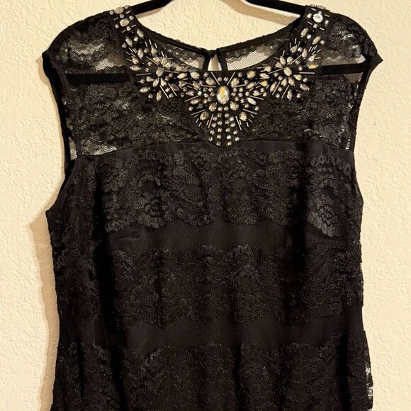 Black Sleeveless Lace Dress With Rhinestone Embellished Neckline - Picture 1 of 4